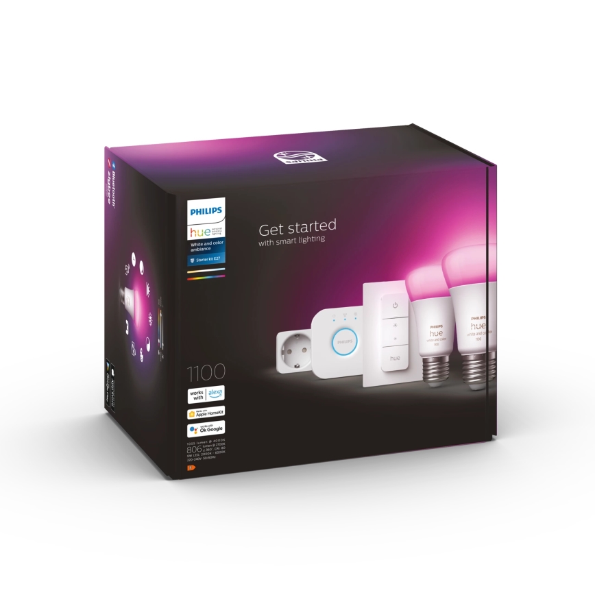 Základní sada Philips Hue WHITE AND COLOR AMBIANCE 2xE27/9W/230V 2200-6500K + chytrá zásuvka, Hue bridge a dimmer switch