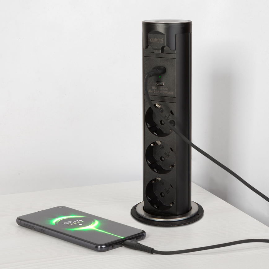 Zásuvkový sloupek pro desku stolu 3x230V + USB-A + USB-C černá