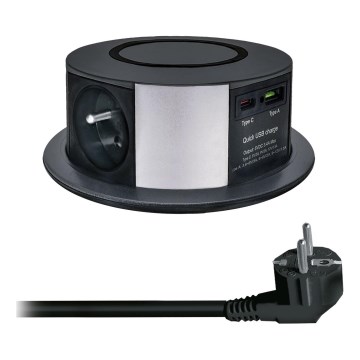 Zásuvkový sloupek pro desku stolu s bezdrátovým nabíjením Qi 3x230V + 1xUSB-A + 1xUSB-C černá/stříbrná