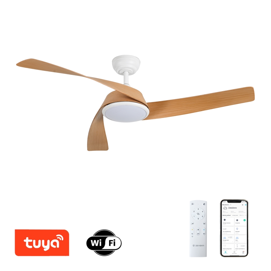 ZEVENTI - LED Stmívatelný stropní ventilátor AERYS LED/24W/230V 3000/4000/6000K Wi-Fi Tuya bílá/dub + dálkové ovládání