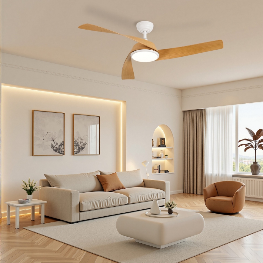 ZEVENTI - LED Stmívatelný stropní ventilátor AERYS LED/24W/230V 3000/4000/6000K Wi-Fi Tuya bílá/dub + dálkové ovládání