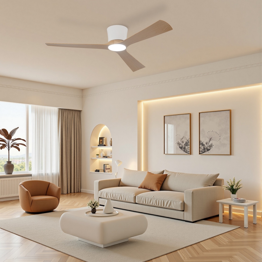 ZEVENTI - LED Stmívatelný stropní ventilátor AUREX LED/24W/230V 3000/4000/6000K Wi-Fi Tuya bílá/dub + dálkové ovládání