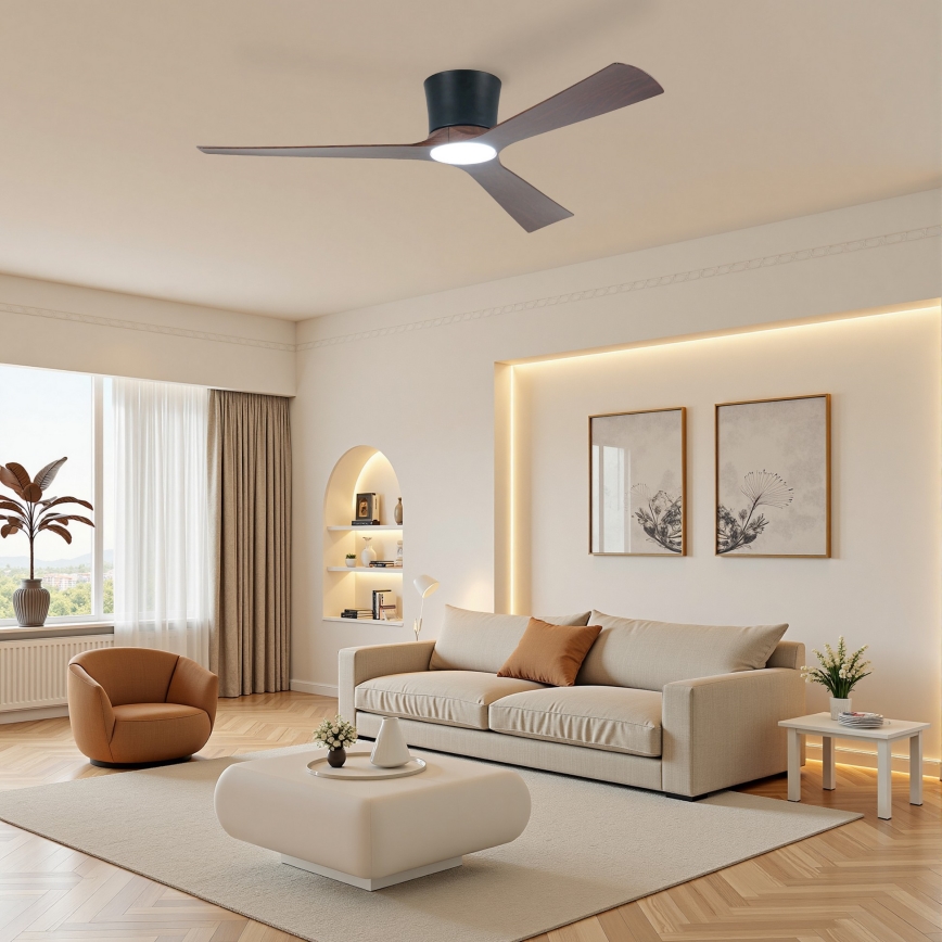 ZEVENTI - LED Stmívatelný stropní ventilátor AUREX LED/24W/230V 3000/4000/6000K Wi-Fi Tuya černá/ořech + dálkové ovládání
