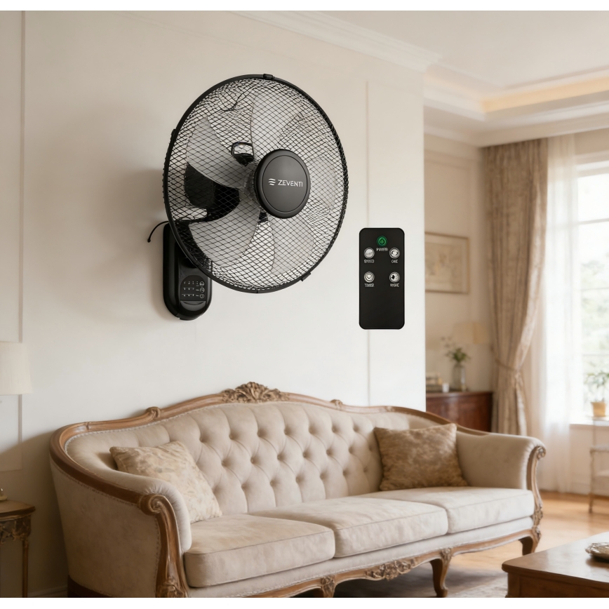 ZEVENTI - Nástěnný ventilátor FANNY 45W/230V pr. 41 cm černá + dálkové ovládání