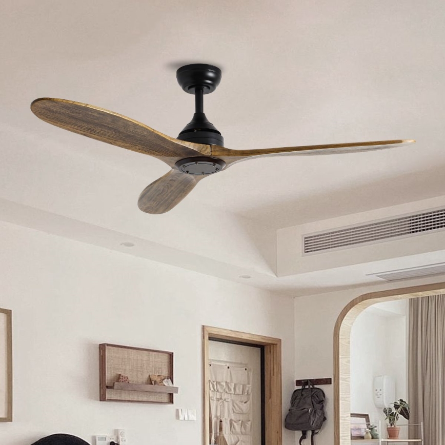 ZEVENTI - Stropní ventilátor LAURIA Wi-Fi Tuya černá/dub + dálkové ovládání
