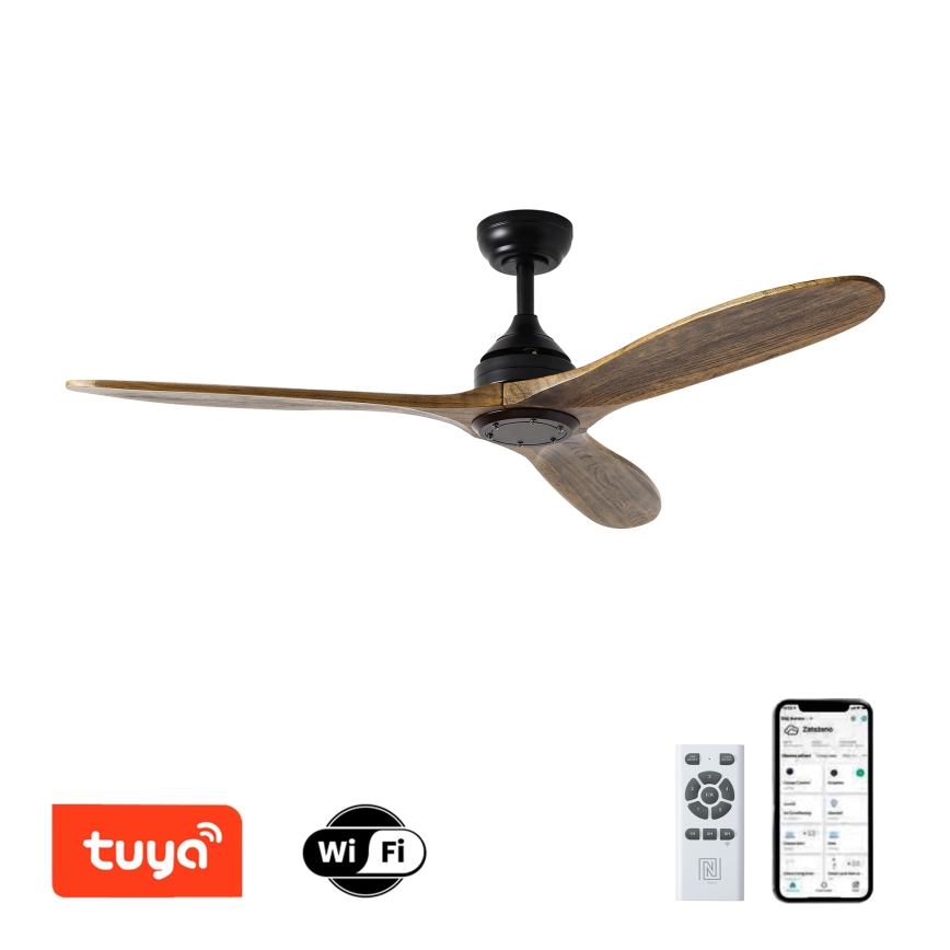 ZEVENTI - Stropní ventilátor LAURIA Wi-Fi Tuya černá/dub + dálkové ovládání