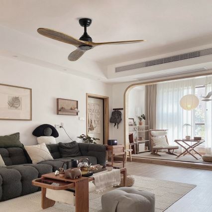 ZEVENTI - Stropní ventilátor LAURIA Wi-Fi Tuya černá/dub + dálkové ovládání