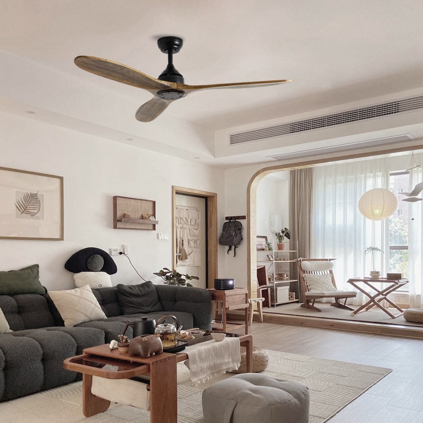 ZEVENTI - Stropní ventilátor LAURIA Wi-Fi Tuya černá/dub + dálkové ovládání