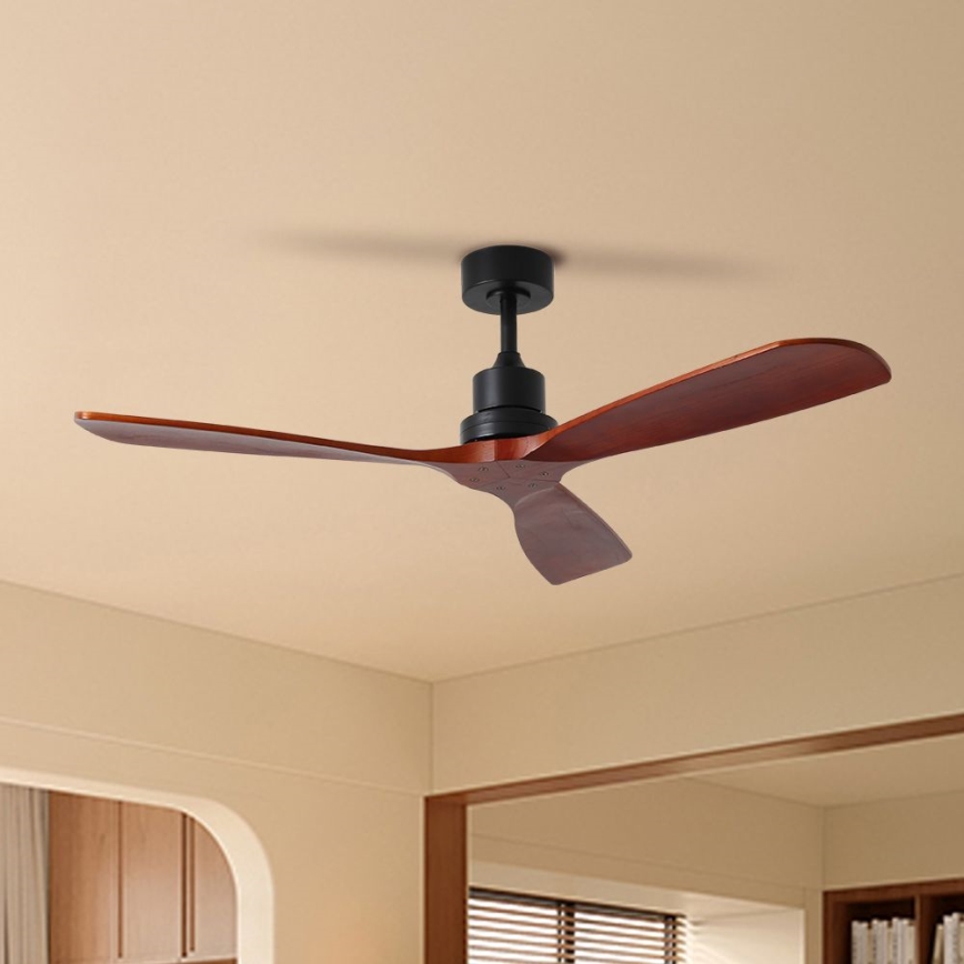 ZEVENTI - Stropní ventilátor LIONI Wi-Fi Tuya černá/dub + dálkové ovládání