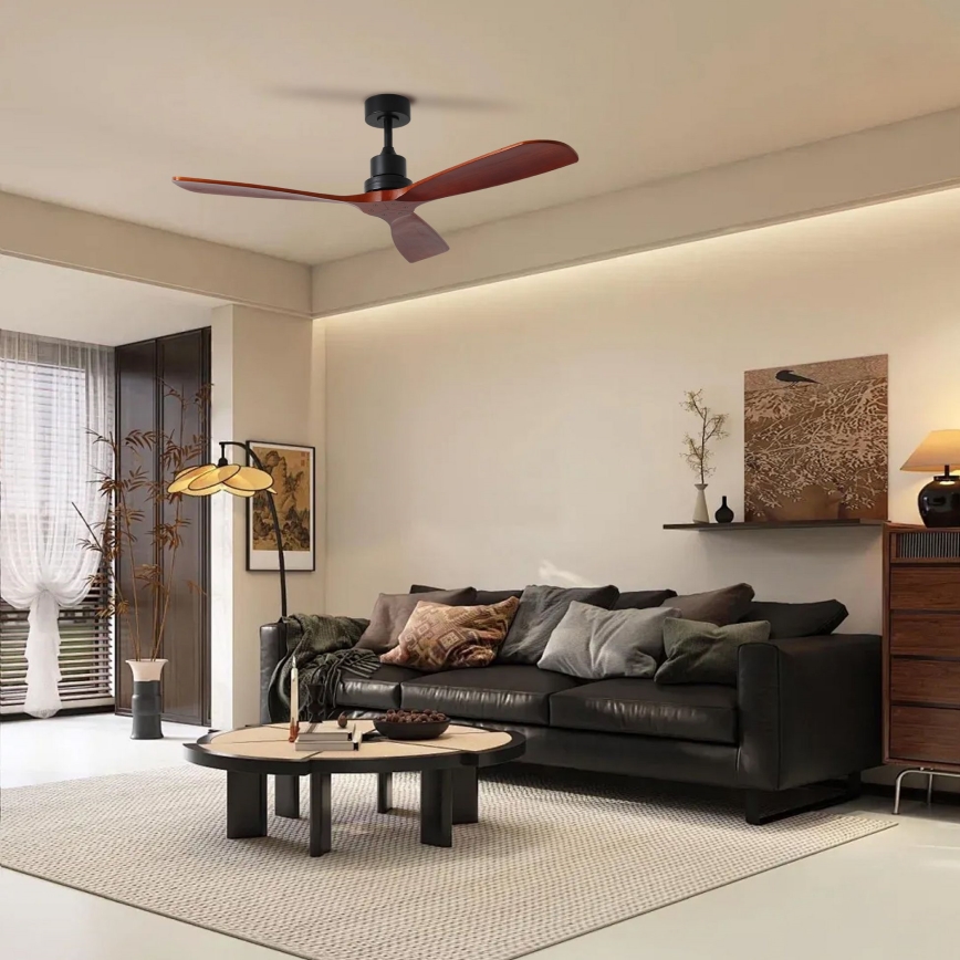 ZEVENTI - Stropní ventilátor LIONI Wi-Fi Tuya černá/dub + dálkové ovládání
