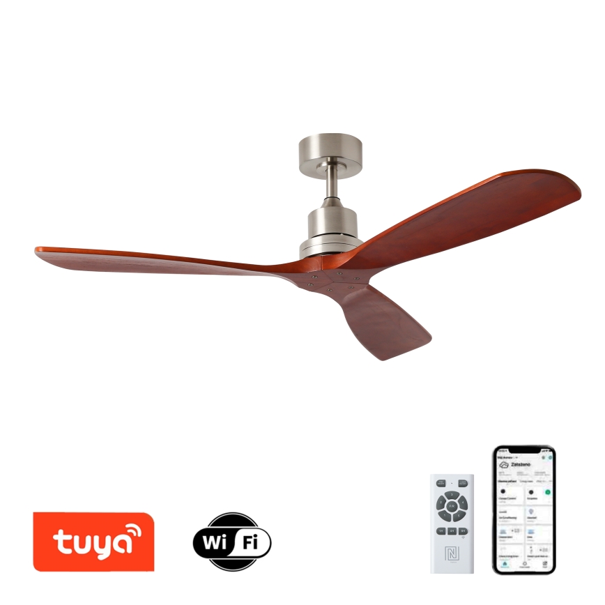 ZEVENTI - Stropní ventilátor LIONI Wi-Fi Tuya matný chrom/dub + dálkové ovládání