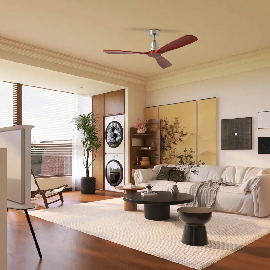 ZEVENTI - Stropní ventilátor LIONI Wi-Fi Tuya matný chrom/dub + dálkové ovládání