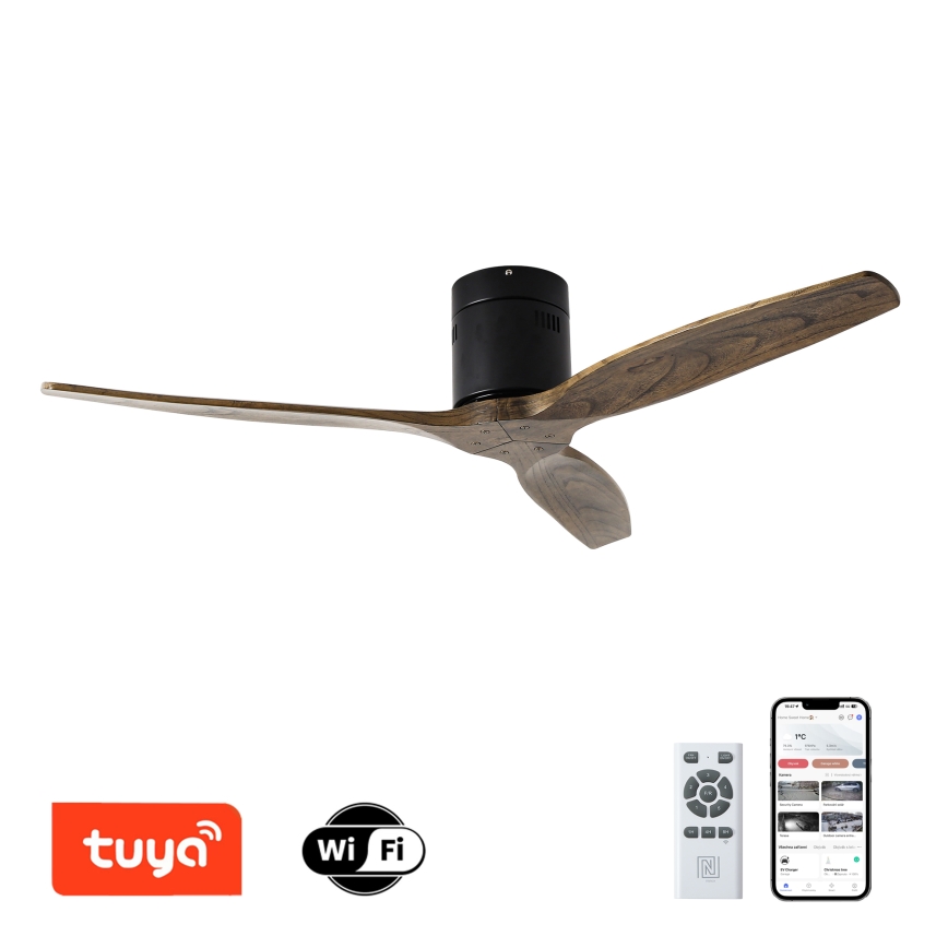 ZEVENTI - Stropní ventilátor SPELLO Wi-Fi Tuya černá/dub + dálkové ovládání
