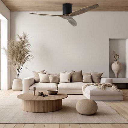 ZEVENTI - Stropní ventilátor SPELLO Wi-Fi Tuya černá/dub + dálkové ovládání