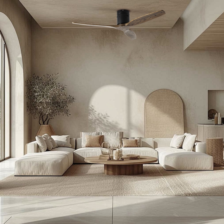 ZEVENTI - Stropní ventilátor SPELLO Wi-Fi Tuya černá/dub + dálkové ovládání
