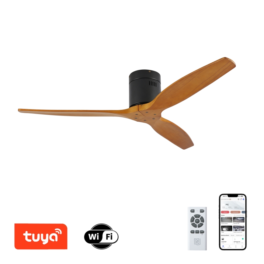 ZEVENTI - Stropní ventilátor SPELLO Wi-Fi Tuya černá/dub + dálkové ovládání