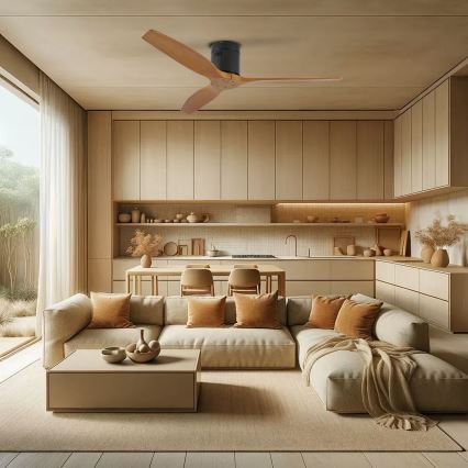 ZEVENTI - Stropní ventilátor SPELLO Wi-Fi Tuya černá/dub + dálkové ovládání