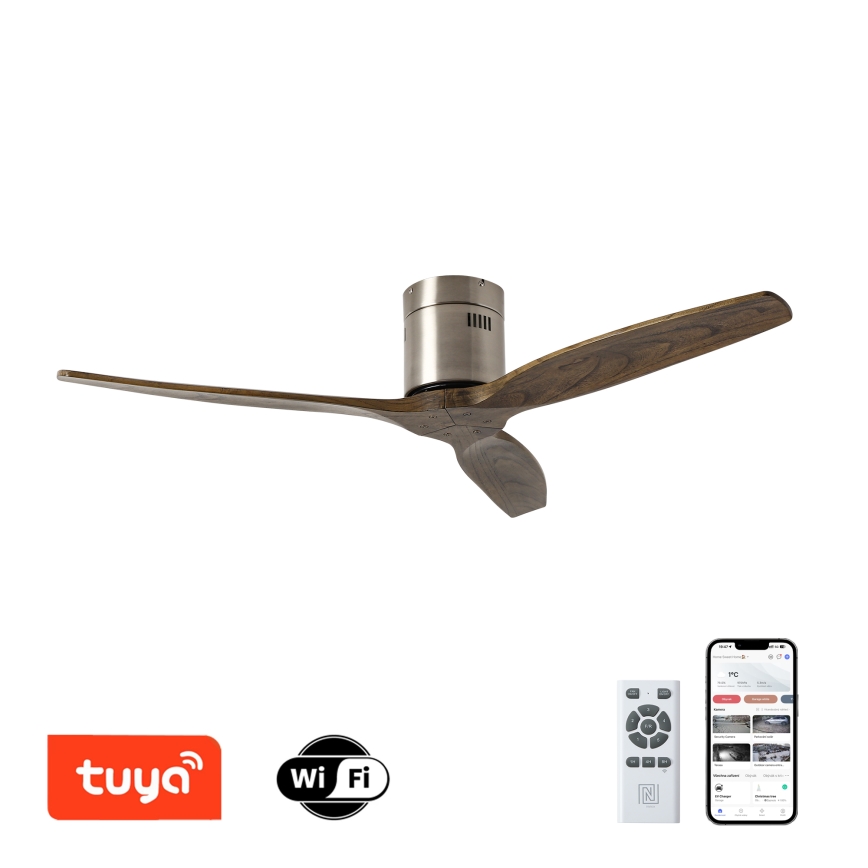 ZEVENTI - Stropní ventilátor SPELLO Wi-Fi Tuya matný chrom/dub + dálkové ovládání