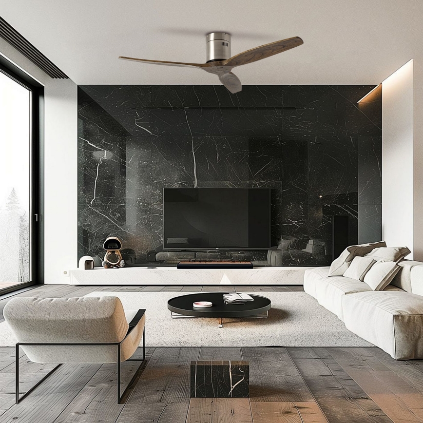 ZEVENTI - Stropní ventilátor SPELLO Wi-Fi Tuya matný chrom/dub + dálkové ovládání