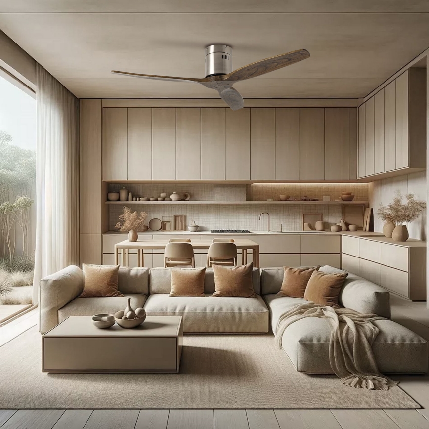 ZEVENTI - Stropní ventilátor SPELLO Wi-Fi Tuya matný chrom/dub + dálkové ovládání