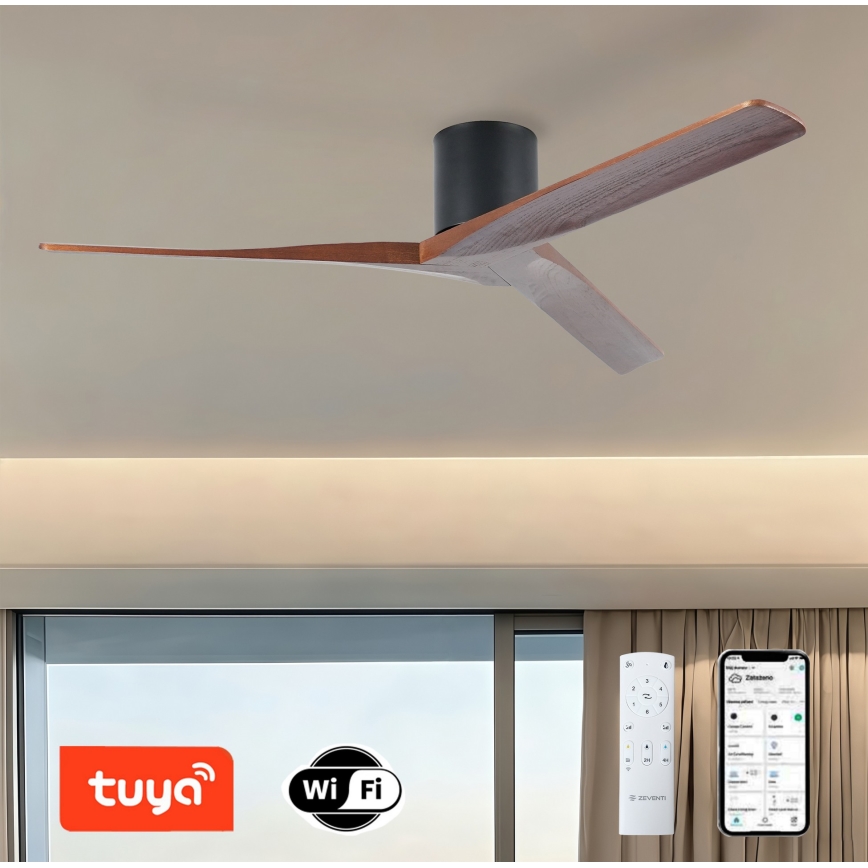 ZEVENTI - Stropní ventilátor VELLON Wi-Fi Tuya černá/ořech + dálkové ovládání
